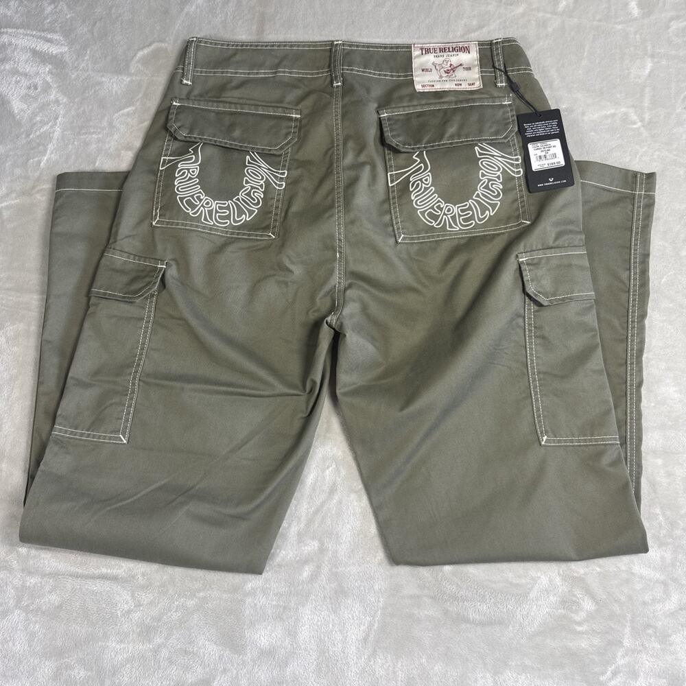 True Religion NEW Mens Cargo HS Outline Pants 34 Green Straight Leg Pockets Logo